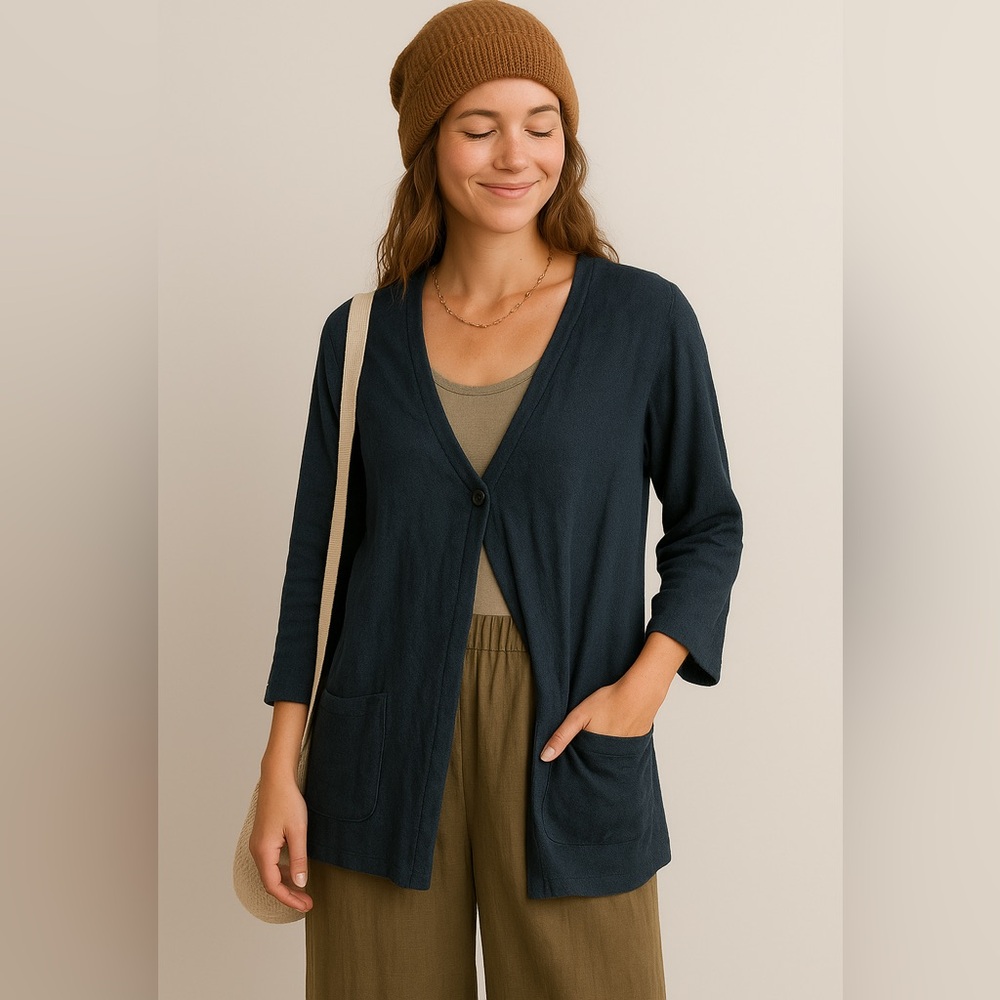 Flax Navy Blue Single Button Cotton Blend Cardigan Sz M-L EUC